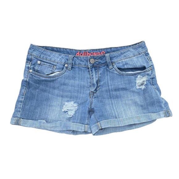 ✨ Y2K Dollhouse Distressed Light Wash Denim Shorts Mid Rise Stretch Sz 11 - Picture 1 of 4